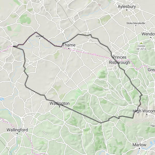 Map miniature of "Wheatley to Worminghall Round-Trip" cycling inspiration in Berkshire, Buckinghamshire and Oxfordshire, United Kingdom. Generated by Tarmacs.app cycling route planner