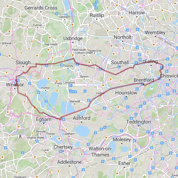 Map miniature of "Windsor Castle and Thames Valley Gravel Loop" cycling inspiration in Berkshire, Buckinghamshire and Oxfordshire, United Kingdom. Generated by Tarmacs.app cycling route planner