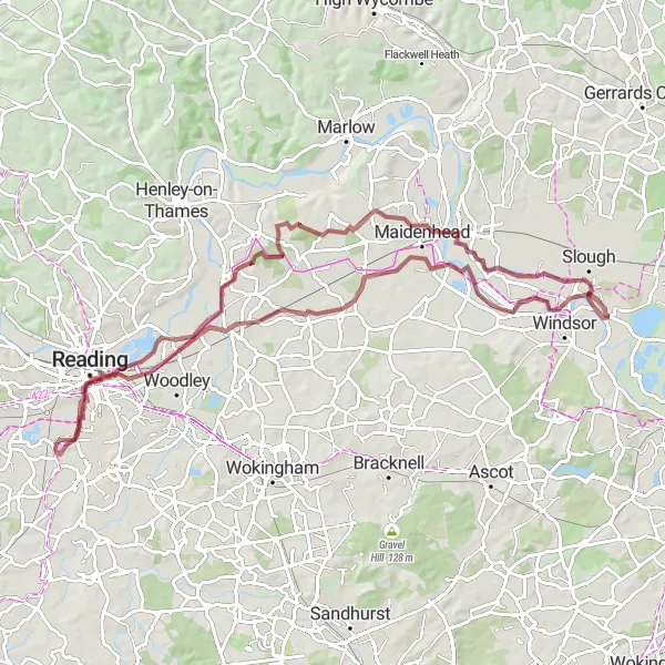 Map miniature of "Thames Valley Gravel Adventure" cycling inspiration in Berkshire, Buckinghamshire and Oxfordshire, United Kingdom. Generated by Tarmacs.app cycling route planner