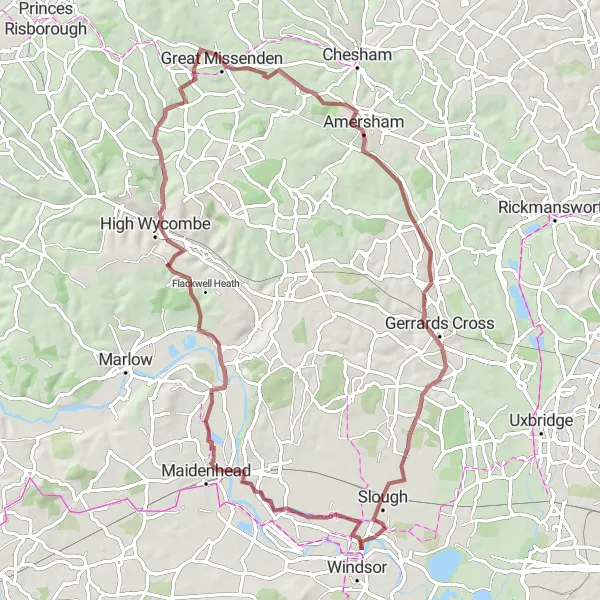 Map miniature of "Chilterns and Missenden Gravel Loop" cycling inspiration in Berkshire, Buckinghamshire and Oxfordshire, United Kingdom. Generated by Tarmacs.app cycling route planner