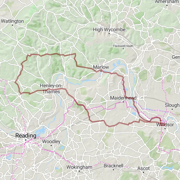 Map miniature of "Cross-county Gravel Adventure" cycling inspiration in Berkshire, Buckinghamshire and Oxfordshire, United Kingdom. Generated by Tarmacs.app cycling route planner