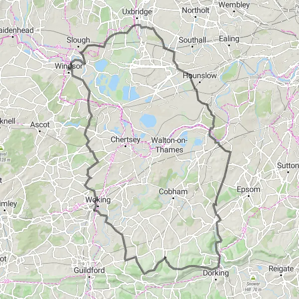 Map miniature of "Surrey and Kent Hills Road Challenge" cycling inspiration in Berkshire, Buckinghamshire and Oxfordshire, United Kingdom. Generated by Tarmacs.app cycling route planner