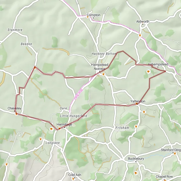 Map miniature of "Countryside Delights in Hampstead Norreys" cycling inspiration in Berkshire, Buckinghamshire and Oxfordshire, United Kingdom. Generated by Tarmacs.app cycling route planner