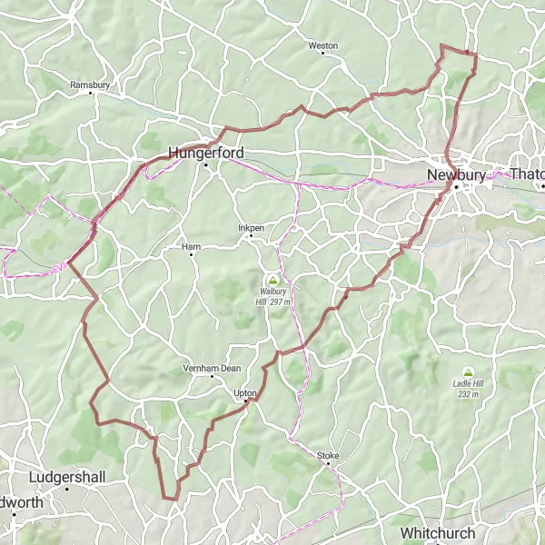 Map miniature of "Gravel Adventure: Newbury to Winterbourne" cycling inspiration in Berkshire, Buckinghamshire and Oxfordshire, United Kingdom. Generated by Tarmacs.app cycling route planner