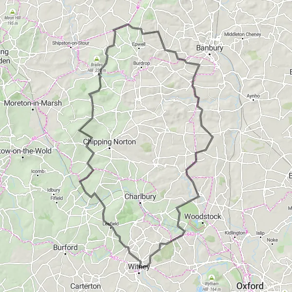 Map miniature of "Witney to North Leigh and Back" cycling inspiration in Berkshire, Buckinghamshire and Oxfordshire, United Kingdom. Generated by Tarmacs.app cycling route planner