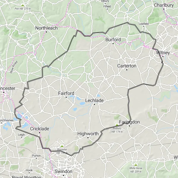Map miniature of "The Witney Challenge" cycling inspiration in Berkshire, Buckinghamshire and Oxfordshire, United Kingdom. Generated by Tarmacs.app cycling route planner