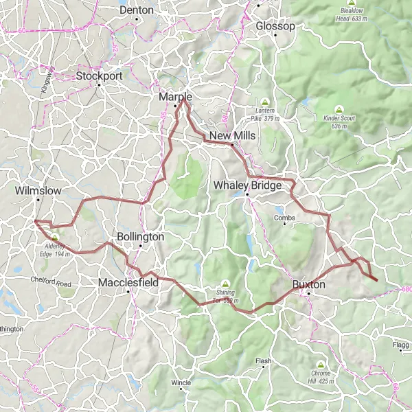 Map miniature of "Cheshire Gravel Adventure" cycling inspiration in Cheshire, United Kingdom. Generated by Tarmacs.app cycling route planner