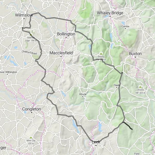 Map miniature of "Alderley Edge Road Cycling" cycling inspiration in Cheshire, United Kingdom. Generated by Tarmacs.app cycling route planner