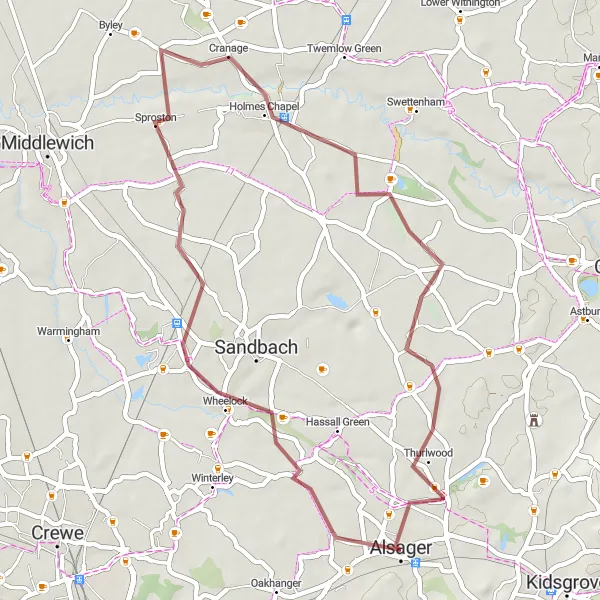 Map miniature of "The Hassall Gravel Loop" cycling inspiration in Cheshire, United Kingdom. Generated by Tarmacs.app cycling route planner