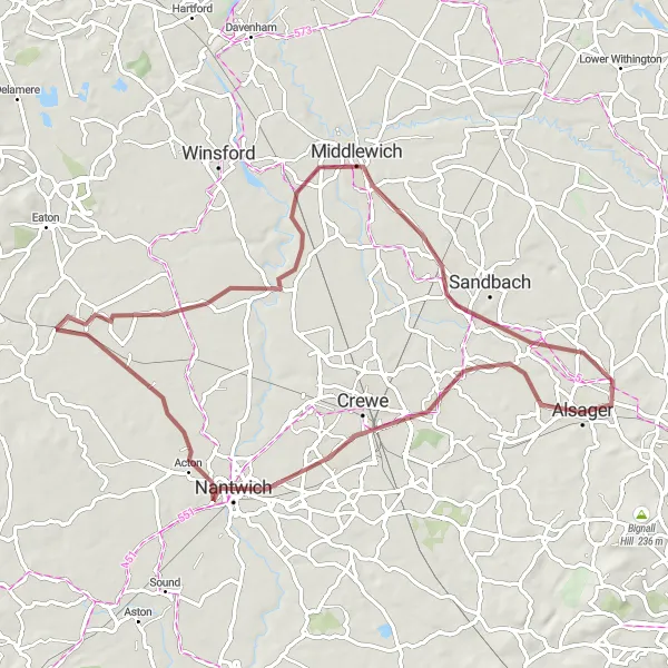 Map miniature of "The Cheshire Gravel Escape" cycling inspiration in Cheshire, United Kingdom. Generated by Tarmacs.app cycling route planner