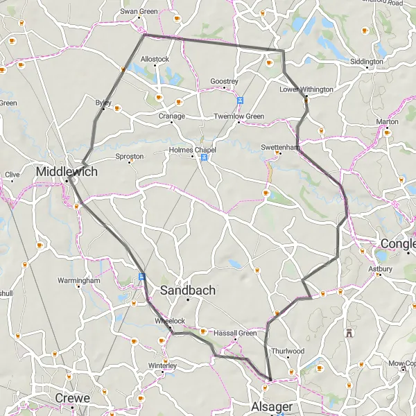 Map miniature of "Cheshire Circular" cycling inspiration in Cheshire, United Kingdom. Generated by Tarmacs.app cycling route planner