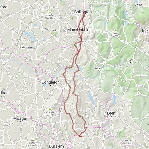 Map miniature of "Challenging Gravel Ride: Bollington to Macclesfield" cycling inspiration in Cheshire, United Kingdom. Generated by Tarmacs.app cycling route planner