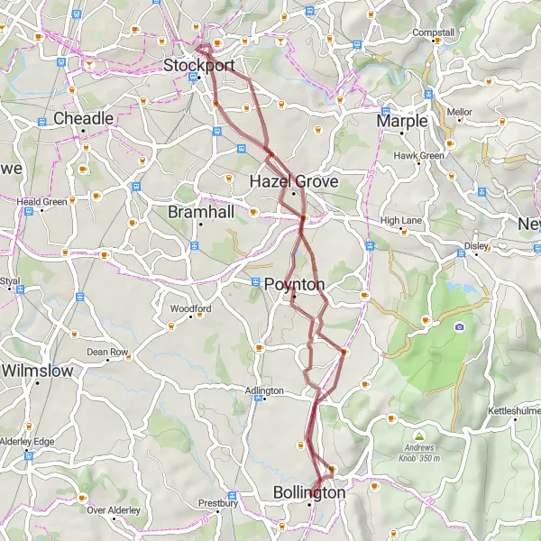 Map miniature of "Gravel Adventure: Bollington to Poynton Loop" cycling inspiration in Cheshire, United Kingdom. Generated by Tarmacs.app cycling route planner