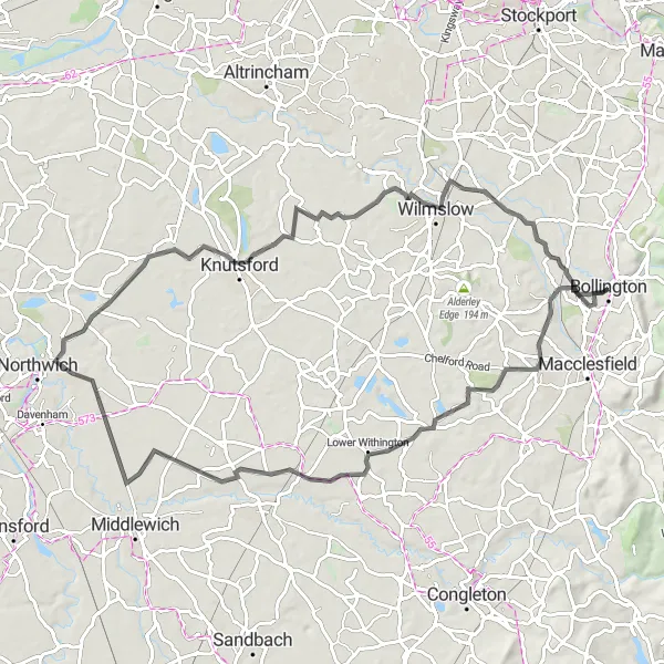 Map miniature of "Scenic Road Cycling Tour" cycling inspiration in Cheshire, United Kingdom. Generated by Tarmacs.app cycling route planner