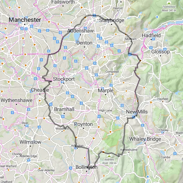 Map miniature of "Bollington to Styperson Hill Loop" cycling inspiration in Cheshire, United Kingdom. Generated by Tarmacs.app cycling route planner