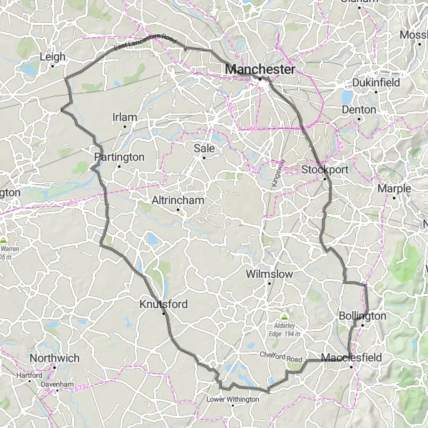 Map miniature of "Macclesfield Adventure" cycling inspiration in Cheshire, United Kingdom. Generated by Tarmacs.app cycling route planner