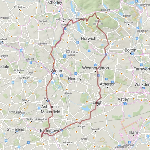 Map miniature of "Wigan Gravel Ride" cycling inspiration in Cheshire, United Kingdom. Generated by Tarmacs.app cycling route planner