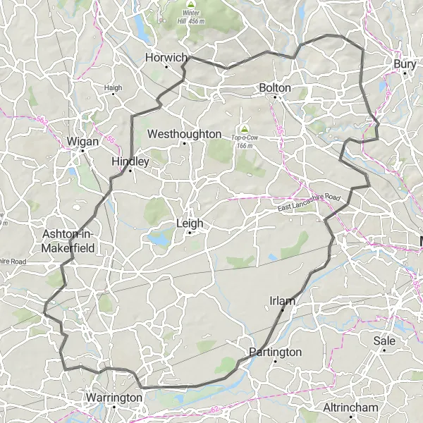 Map miniature of "Burtonwood Circular Road Ride" cycling inspiration in Cheshire, United Kingdom. Generated by Tarmacs.app cycling route planner