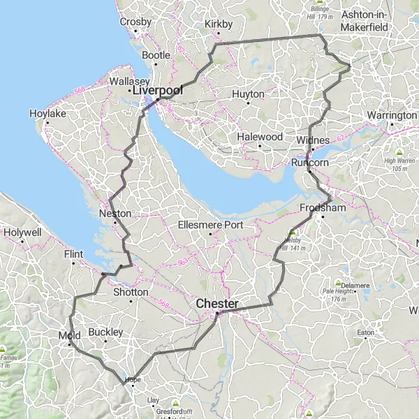 Map miniature of "Cheshire and Wirral Classic Road Loop" cycling inspiration in Cheshire, United Kingdom. Generated by Tarmacs.app cycling route planner