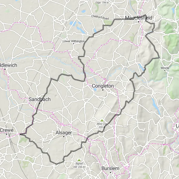 Map miniature of "Cheshire Hills Adventure" cycling inspiration in Cheshire, United Kingdom. Generated by Tarmacs.app cycling route planner