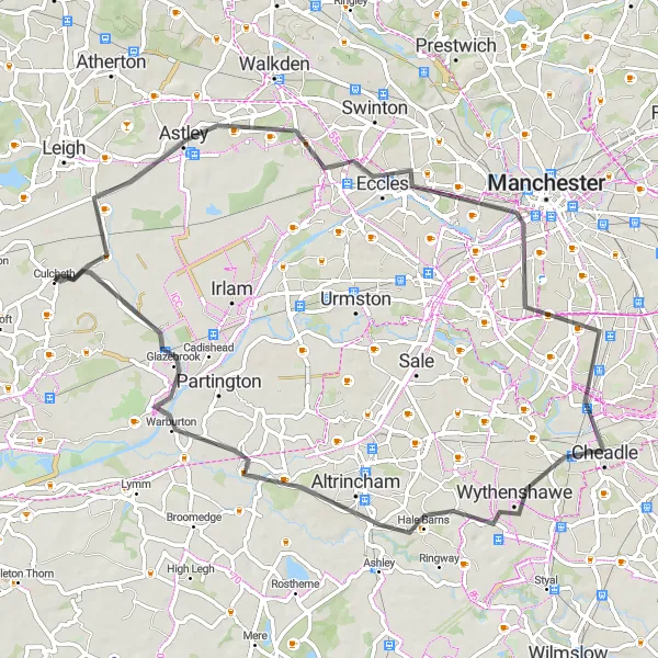 Map miniature of "Glazebury Ride" cycling inspiration in Cheshire, United Kingdom. Generated by Tarmacs.app cycling route planner