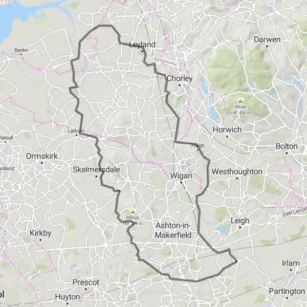 Map miniature of "The Culcheth to Leyland Road Adventure" cycling inspiration in Cheshire, United Kingdom. Generated by Tarmacs.app cycling route planner