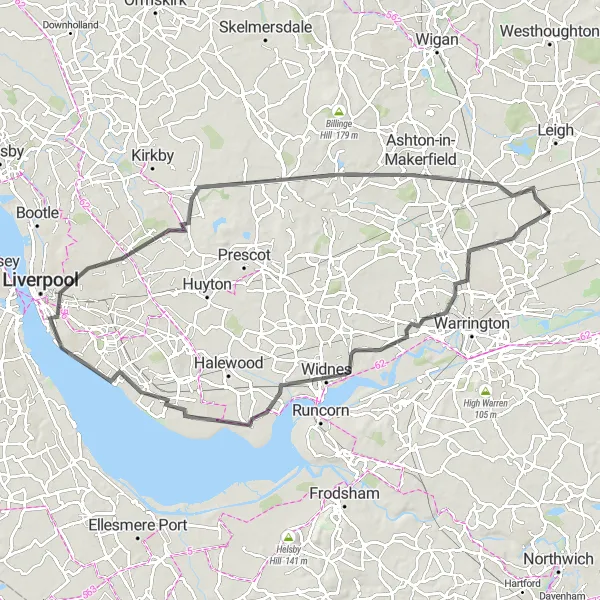 Map miniature of "The Widnes to Liverpool Urban Adventure" cycling inspiration in Cheshire, United Kingdom. Generated by Tarmacs.app cycling route planner