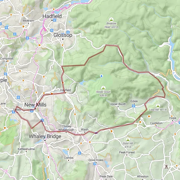 Map miniature of "Peak District Gravel Adventure" cycling inspiration in Cheshire, United Kingdom. Generated by Tarmacs.app cycling route planner