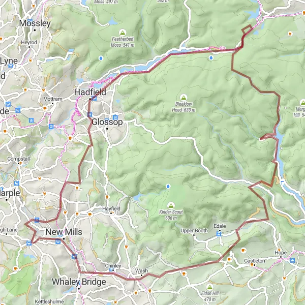 Map miniature of "Peaks and Valleys Gravel Challenge" cycling inspiration in Cheshire, United Kingdom. Generated by Tarmacs.app cycling route planner