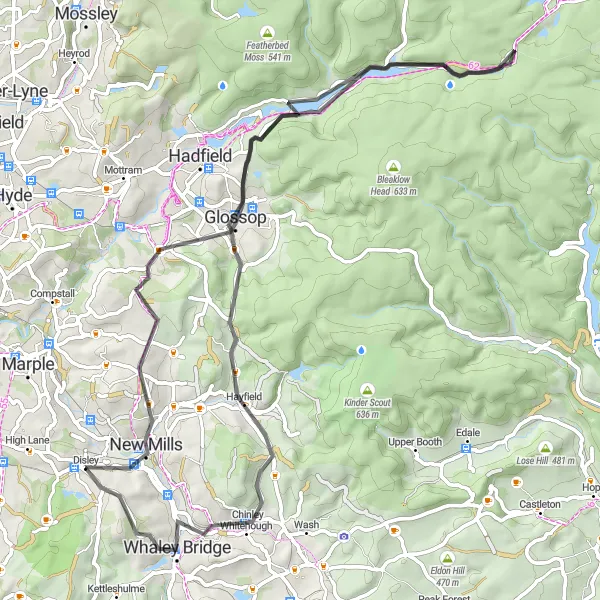 Map miniature of "Disley and Peak District Loop" cycling inspiration in Cheshire, United Kingdom. Generated by Tarmacs.app cycling route planner