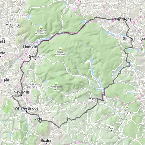 Map miniature of "Peak District Monster Loop" cycling inspiration in Cheshire, United Kingdom. Generated by Tarmacs.app cycling route planner