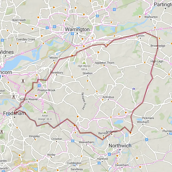 Map miniature of "Exploring Cheshire's Gravel Paths" cycling inspiration in Cheshire, United Kingdom. Generated by Tarmacs.app cycling route planner