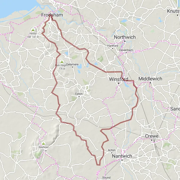 Map miniature of "The Cheshire Landscapes" cycling inspiration in Cheshire, United Kingdom. Generated by Tarmacs.app cycling route planner
