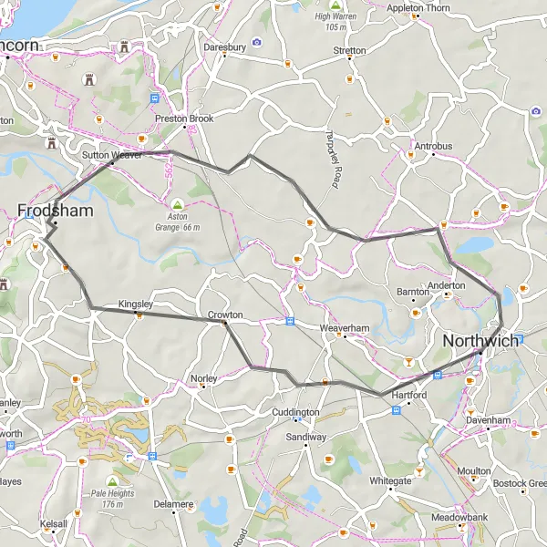 Map miniature of "The Hartford Loop" cycling inspiration in Cheshire, United Kingdom. Generated by Tarmacs.app cycling route planner