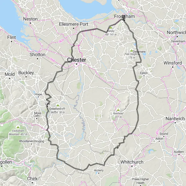 Map miniature of "Cheshire Hills Loop" cycling inspiration in Cheshire, United Kingdom. Generated by Tarmacs.app cycling route planner