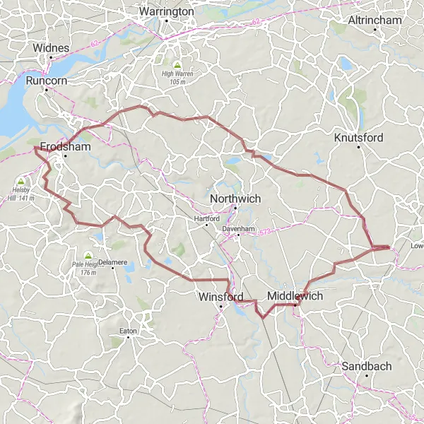 Map miniature of "Cheshire's Gravel Delight" cycling inspiration in Cheshire, United Kingdom. Generated by Tarmacs.app cycling route planner