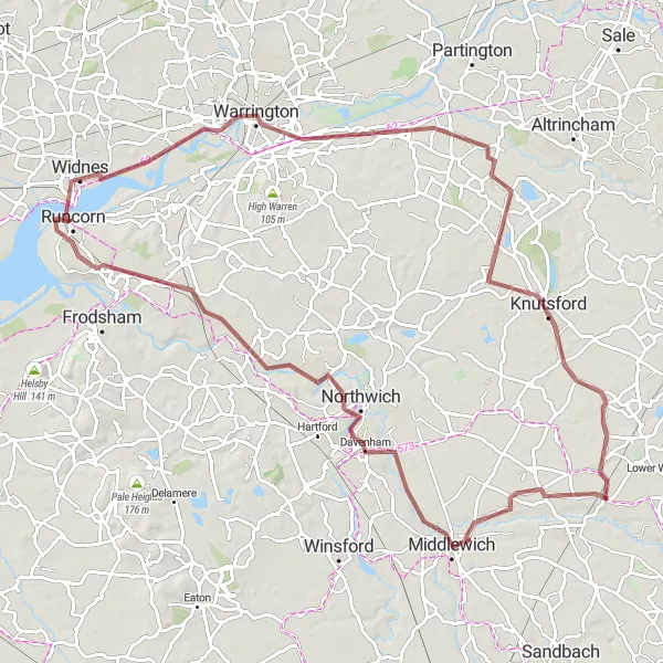 Map miniature of "Cheshire Delight" cycling inspiration in Cheshire, United Kingdom. Generated by Tarmacs.app cycling route planner