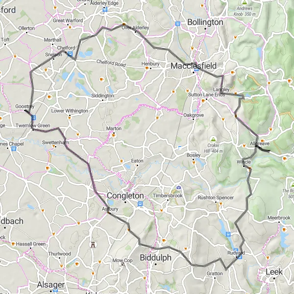 Map miniature of "Discover Cheshire's Hidden Gems" cycling inspiration in Cheshire, United Kingdom. Generated by Tarmacs.app cycling route planner