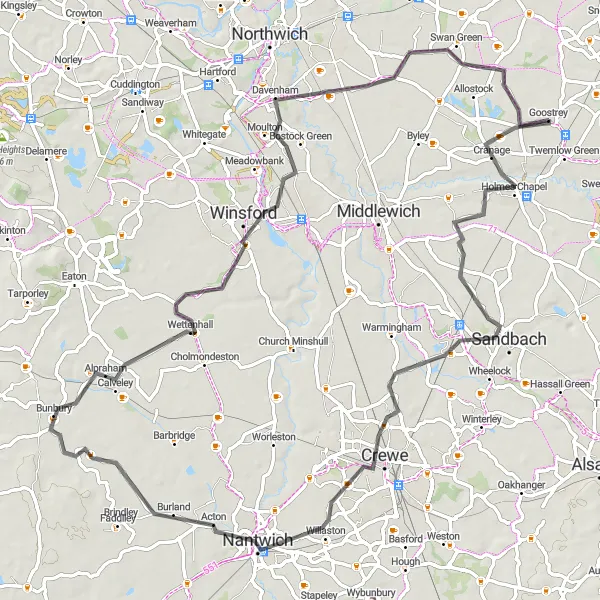 Map miniature of "Cheshire Heritage Ride" cycling inspiration in Cheshire, United Kingdom. Generated by Tarmacs.app cycling route planner