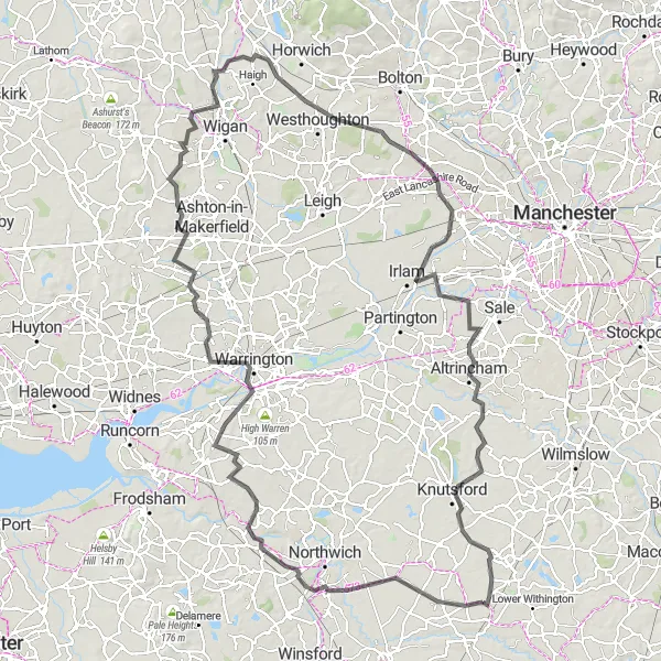 Map miniature of "Cheshire Explorer" cycling inspiration in Cheshire, United Kingdom. Generated by Tarmacs.app cycling route planner