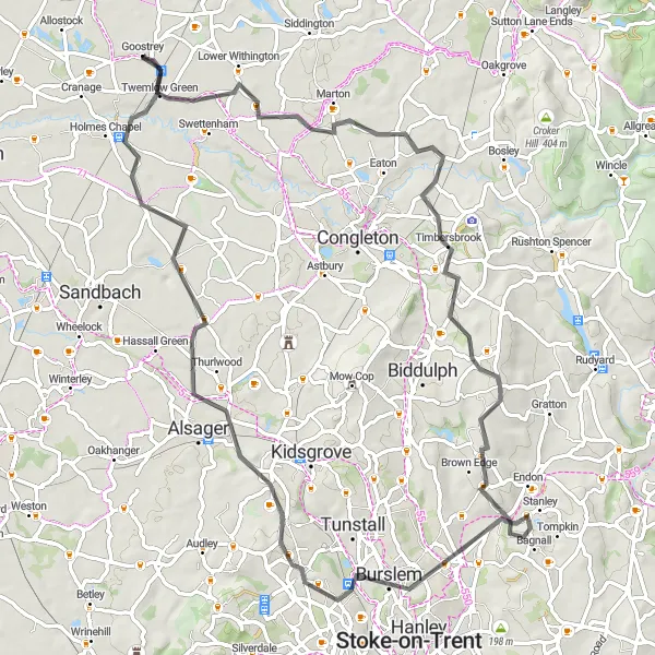 Map miniature of "Cheshire Countryside Ride" cycling inspiration in Cheshire, United Kingdom. Generated by Tarmacs.app cycling route planner