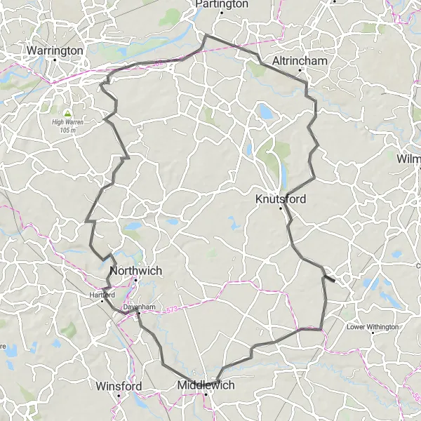 Map miniature of "Cheshire Countryside Tour" cycling inspiration in Cheshire, United Kingdom. Generated by Tarmacs.app cycling route planner