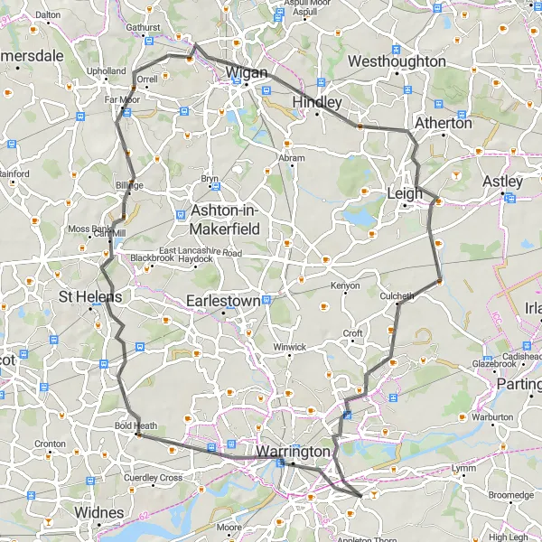 Map miniature of "The Cheshire Challenge" cycling inspiration in Cheshire, United Kingdom. Generated by Tarmacs.app cycling route planner