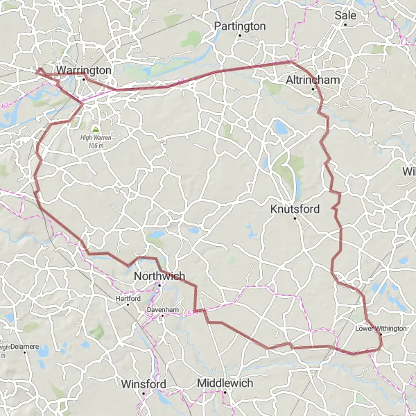 Map miniature of "Great Sankey to Lymm Dam Gravel Adventure" cycling inspiration in Cheshire, United Kingdom. Generated by Tarmacs.app cycling route planner