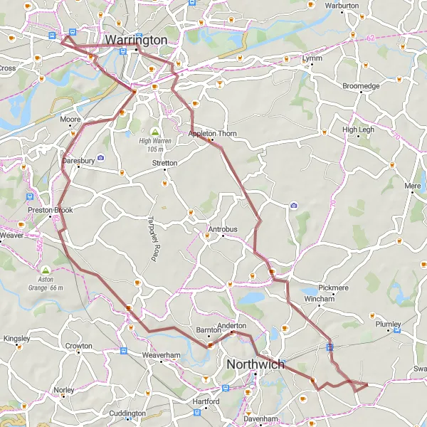 Map miniature of "The Gravel Loop" cycling inspiration in Cheshire, United Kingdom. Generated by Tarmacs.app cycling route planner