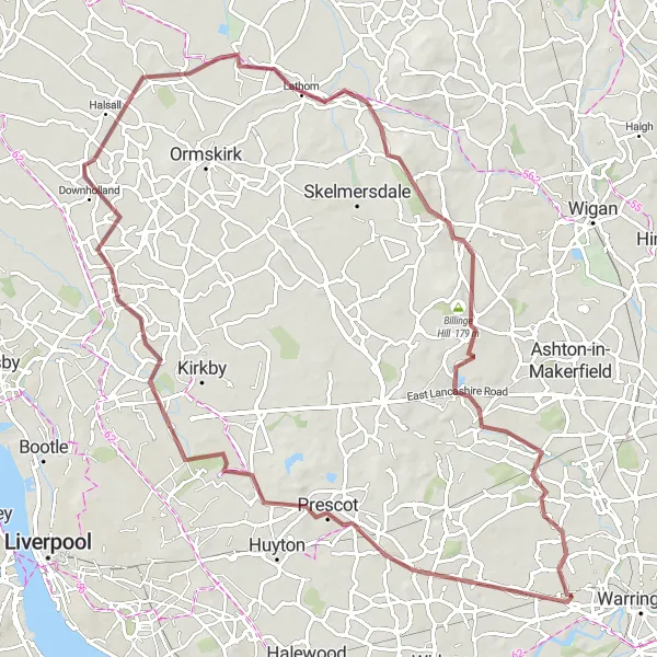 Map miniature of "Gravel Trails and Hill Climbs" cycling inspiration in Cheshire, United Kingdom. Generated by Tarmacs.app cycling route planner