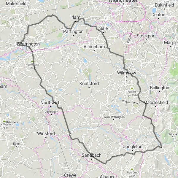 Map miniature of "Cheshire Countryside Tour" cycling inspiration in Cheshire, United Kingdom. Generated by Tarmacs.app cycling route planner