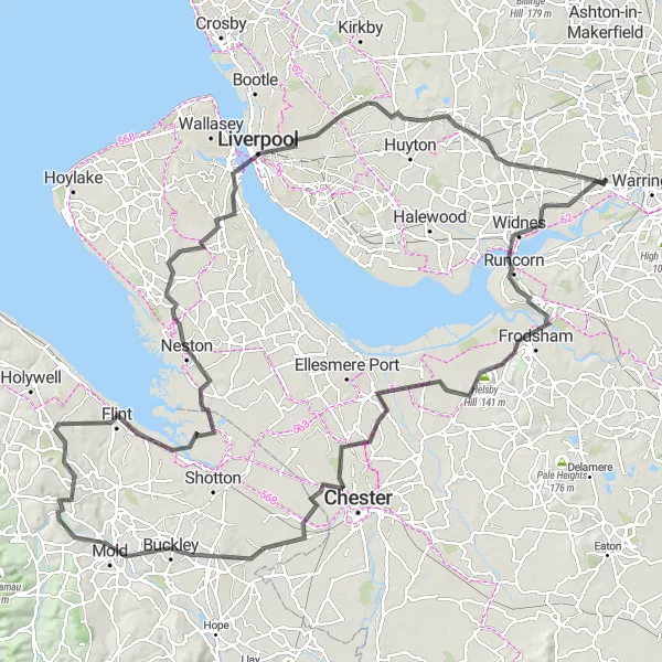 Map miniature of "The Hills of Cheshire" cycling inspiration in Cheshire, United Kingdom. Generated by Tarmacs.app cycling route planner