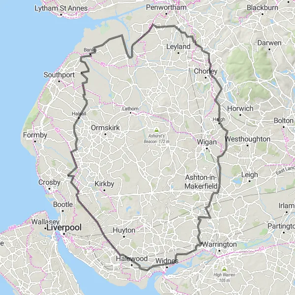 Map miniature of "The Industrial Heritage Tour" cycling inspiration in Cheshire, United Kingdom. Generated by Tarmacs.app cycling route planner