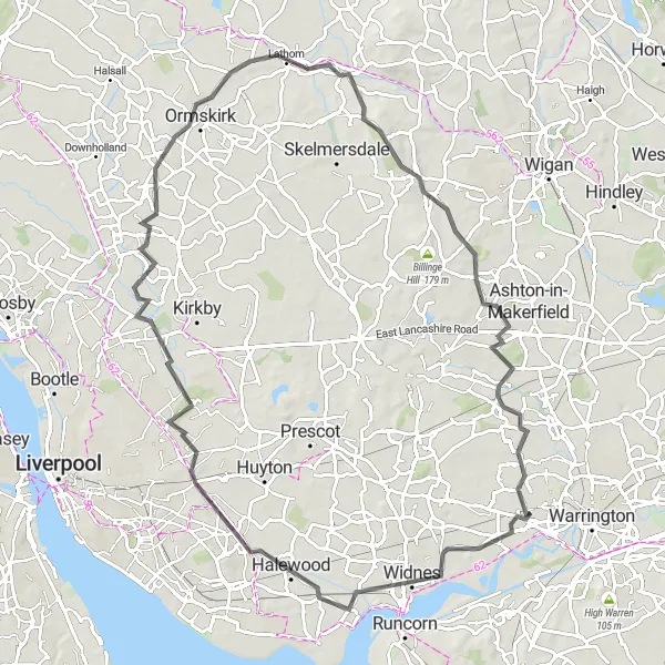 Map miniature of "The Cheshire Countryside Loop" cycling inspiration in Cheshire, United Kingdom. Generated by Tarmacs.app cycling route planner